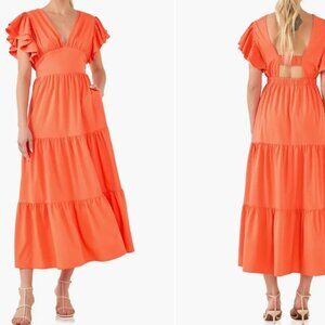 English Factory Flutter Sleeve Cutout Midi Dress